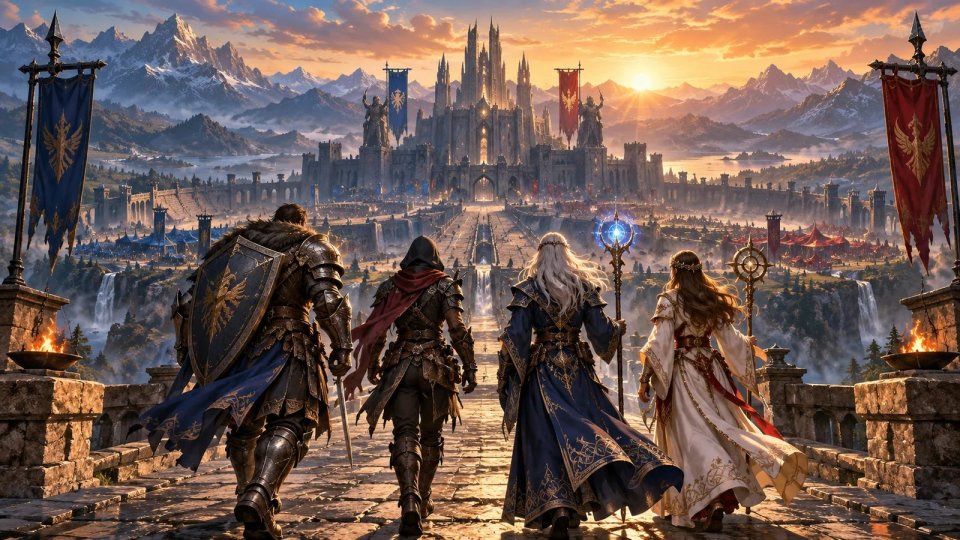 Knight Online temalı illüstrasyonda kaleye ilerleyen kalkanlı savaşçı, haydut, büyücü ve destek karakteri