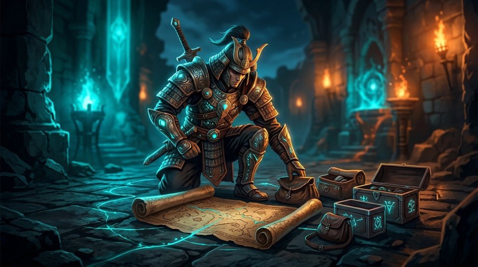 MMORPG görev takibi yapan oyuncunun harita ve envanter ekranı
