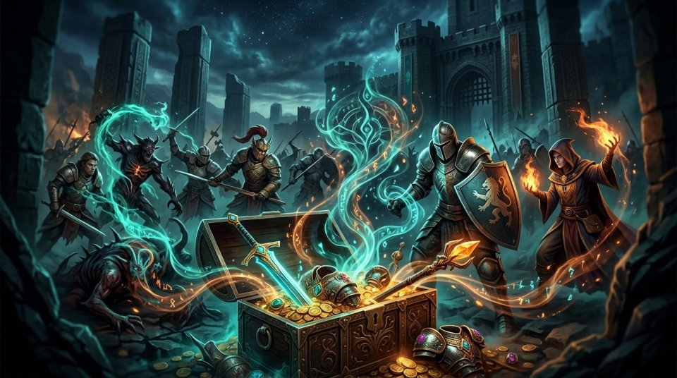Bilgisayar başında MMORPG drop tablosu inceleyen oyuncu