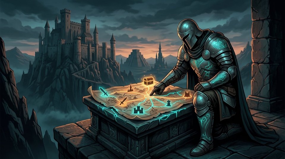 Bilgisayar başında MMORPG günlük görev rotasını planlayan oyuncu