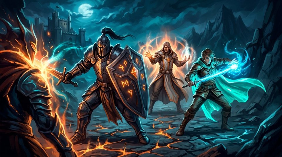 MMORPG rol dağılımı için tank DPS ve destek oyuncularının ekip halinde savaştığı bilgisayar oyunu sahnesi