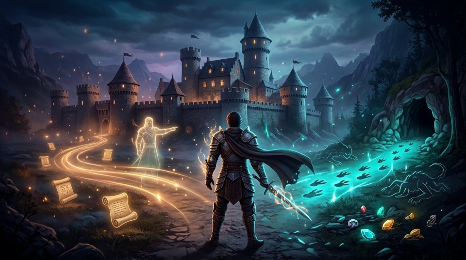 MMORPG karakteri görev yaparken ve farm alanında savaşırken
