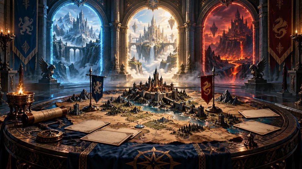 PvP sunucu tanıtımı temasını anlatan, harita masası ve üç fantastik geçit içeren illüstrasyon