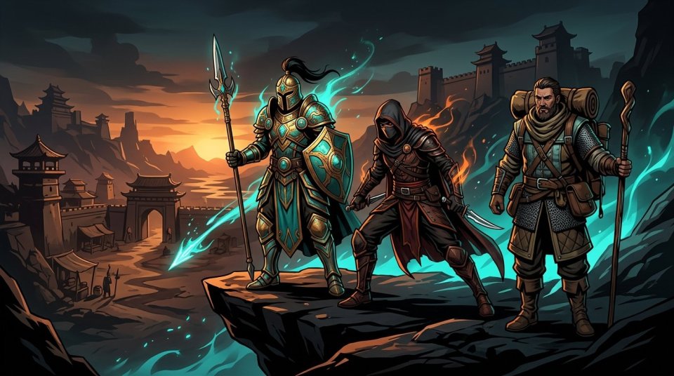 Silkroad PVP job seçimi için trader kervanı, hunter koruması ve thief baskınını anlatan oyun sahnesi
