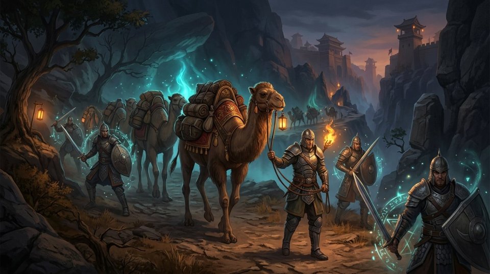 Silkroad PVP kervan rotası için çöl yolunda ilerleyen korumalı ticaret kafilesi