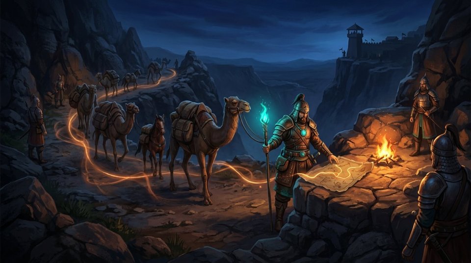 Silkroad trade rotası üzerinde kervanla ilerleyen MMORPG oyuncuları